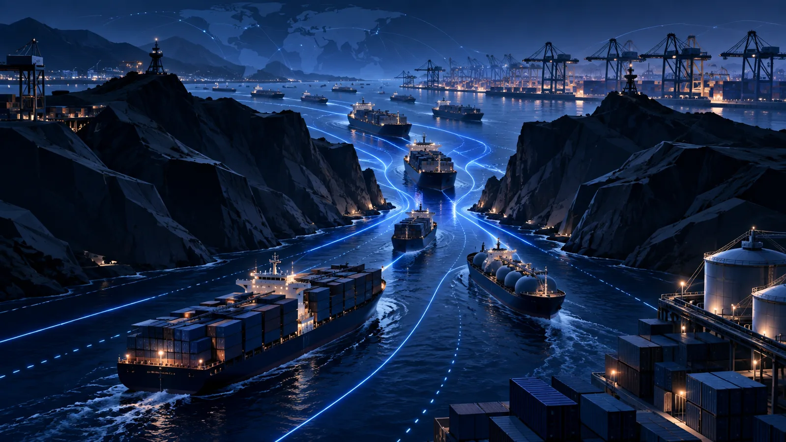 Navios comerciais navegando em uma passagem marítima estreita próxima ao litoral do Iêmen