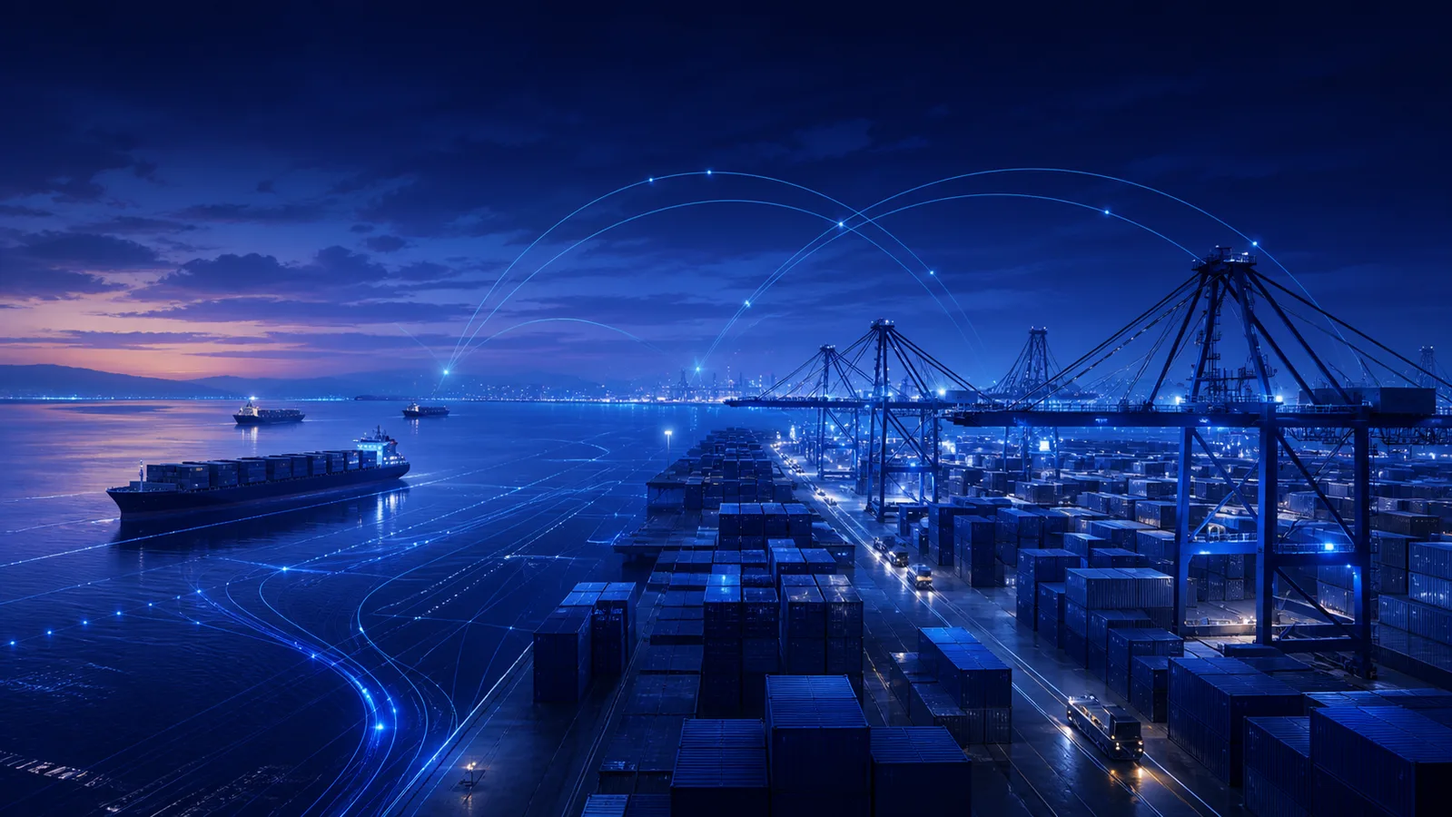 Vista editorial de um terminal de contêineres em um porto brasileiro, com navios e guindastes ao longo do cais