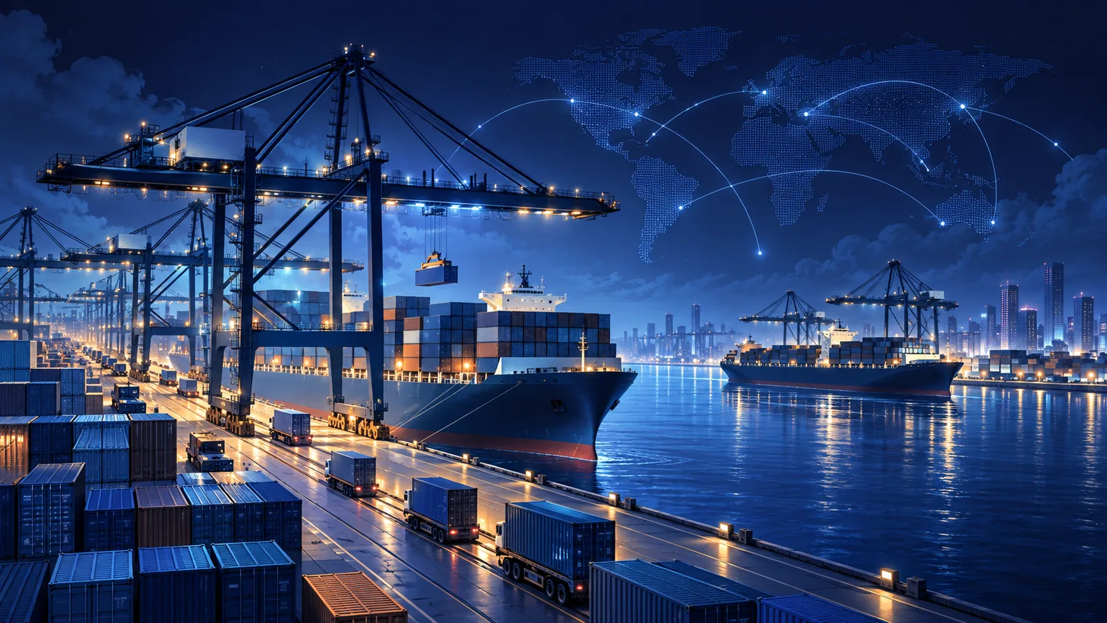 Vista editorial ilustrativa de um terminal de contêineres com navios porta-contêineres e área operacional portuária