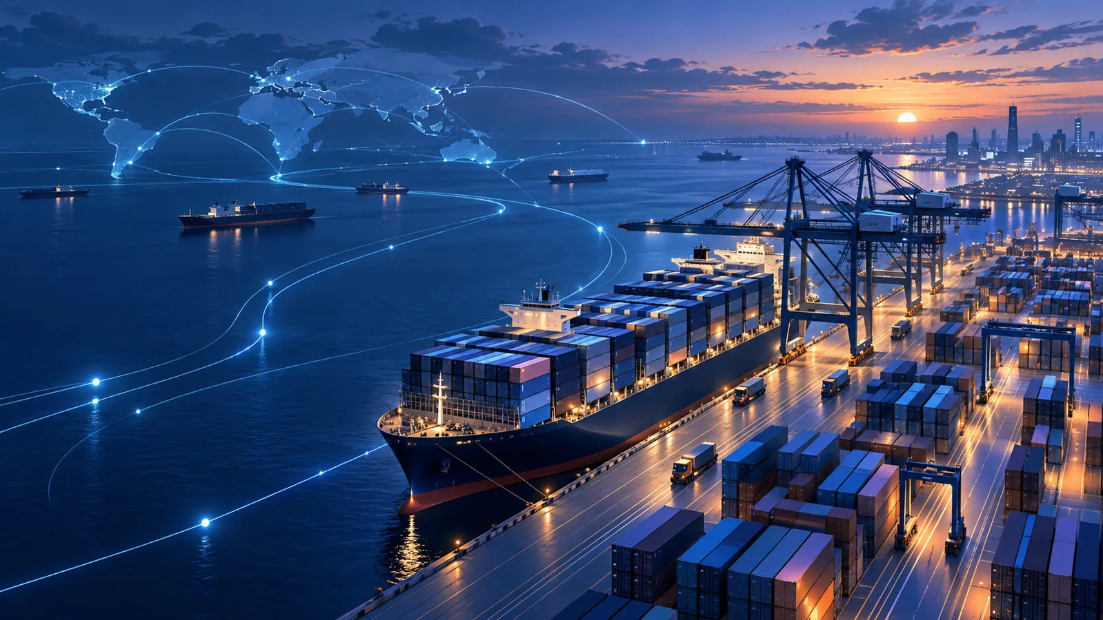 Vista editorial ilustrativa de um terminal de contêineres com navios porta-contêineres atracados em Montevidéu