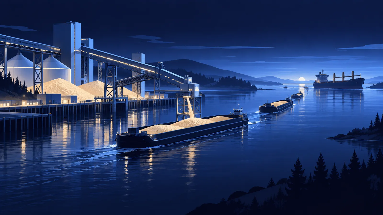 Vista editorial ilustrativa de um terminal portuário com navios, barcaças e estruturas de armazenagem para celulose