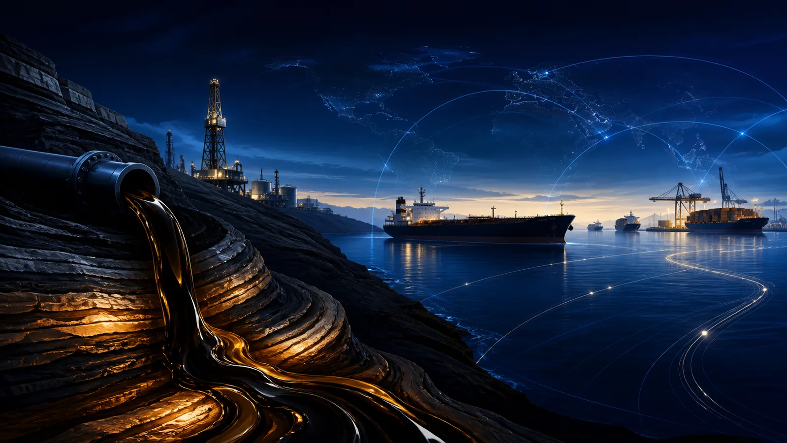 Tanques de armazenamento e infraestrutura petrolífera em uma paisagem árida associada à produção de petróleo não convencional